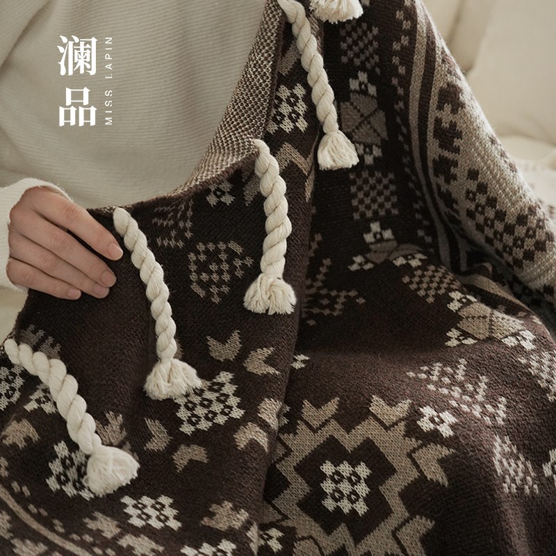 澜品岚絮中古吊穗毛线针织毯居家四季毛线毯午睡盖毯沙发毯子