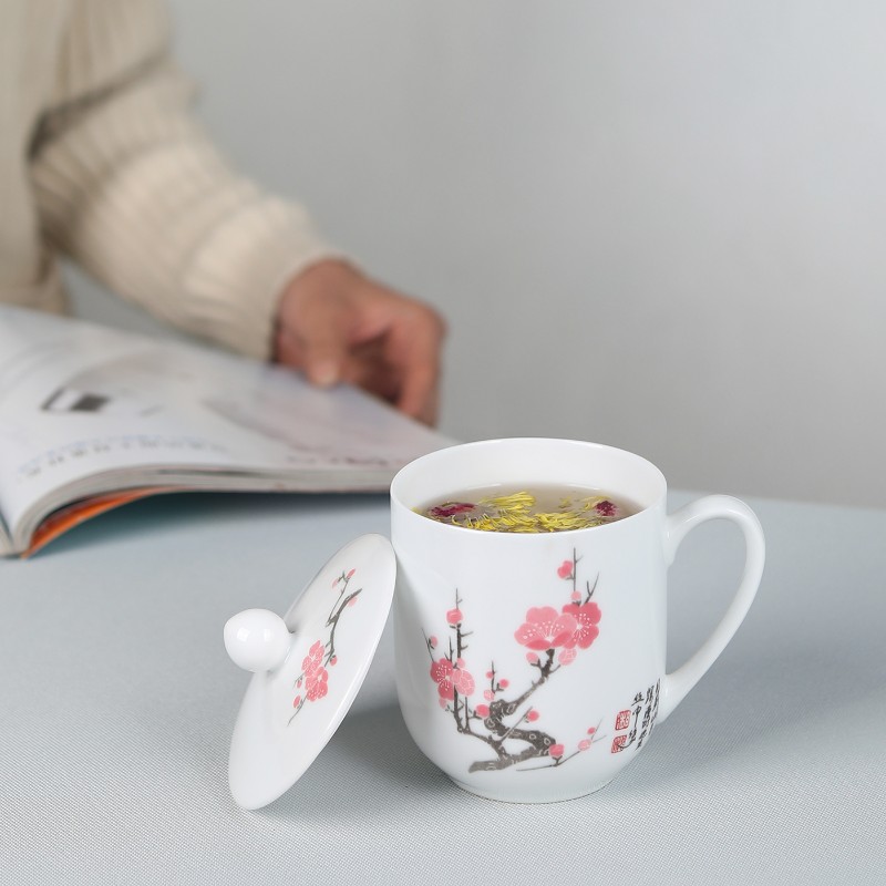 醴陵陶瓷办公兰草杯带盖高白玉瓷水杯泡茶会议家用大容量杯子礼品