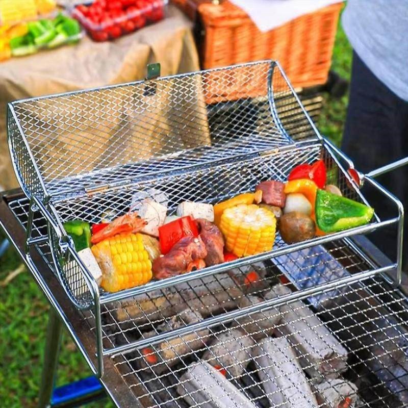 烟熏烧烤笼BBQ不锈钢滚动烧烤筒蔬菜网烟熏烤肉圆形烤架烤篮