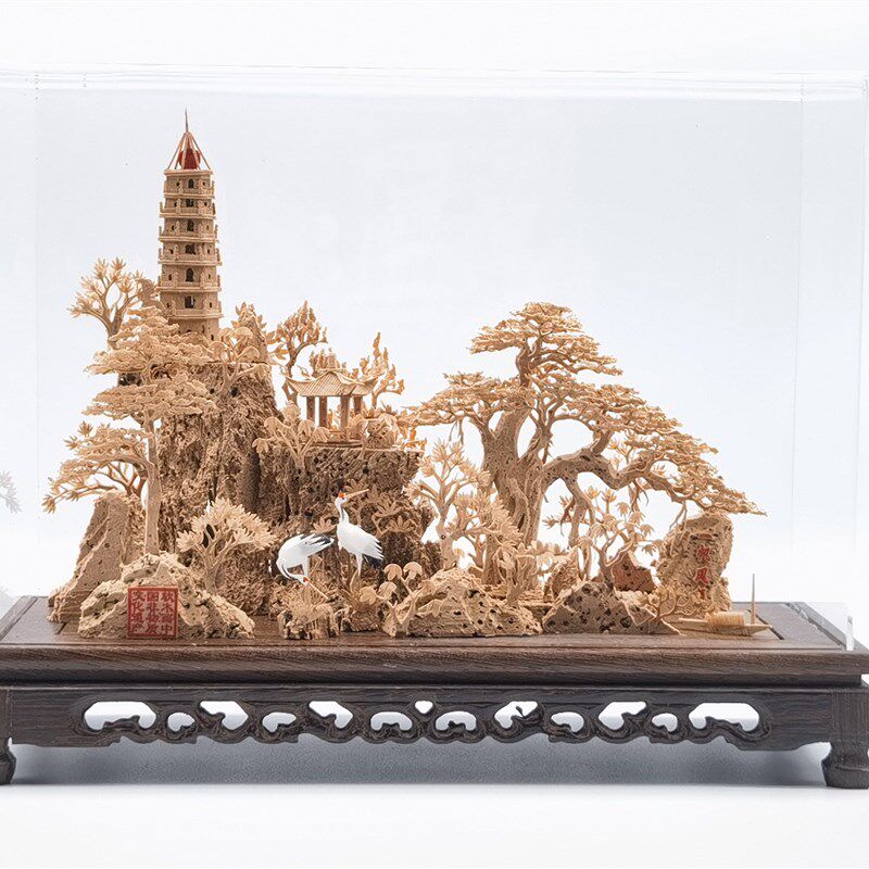 【非遗】福建福州软木画手工雕刻艺术品收藏亚力克鸡翅木园林摆件