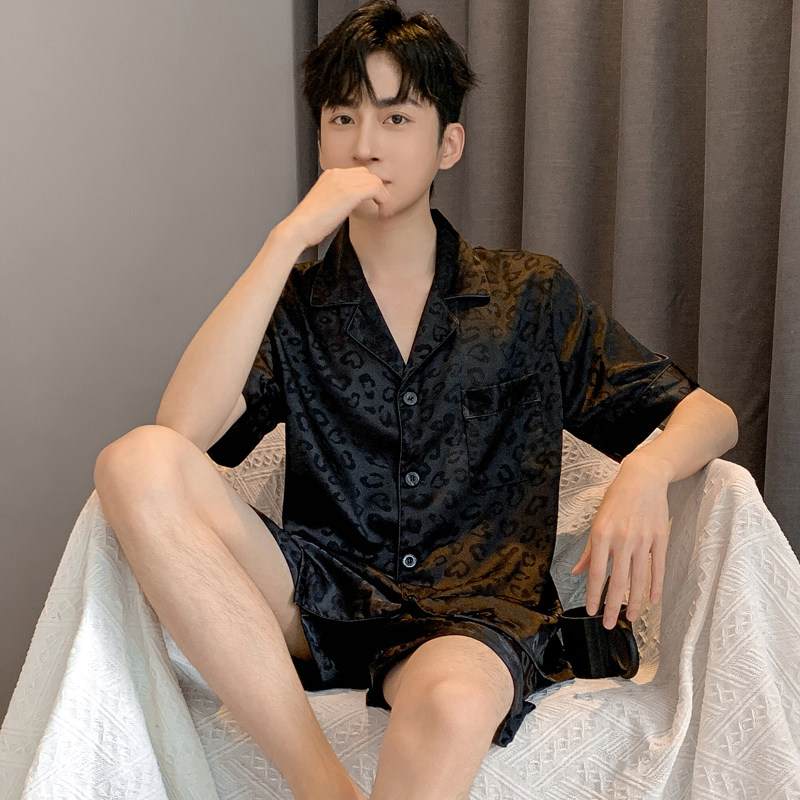 黑色豹纹春夏天冰丝睡衣男夏款短袖男款家居服春秋季男士大码丝绸