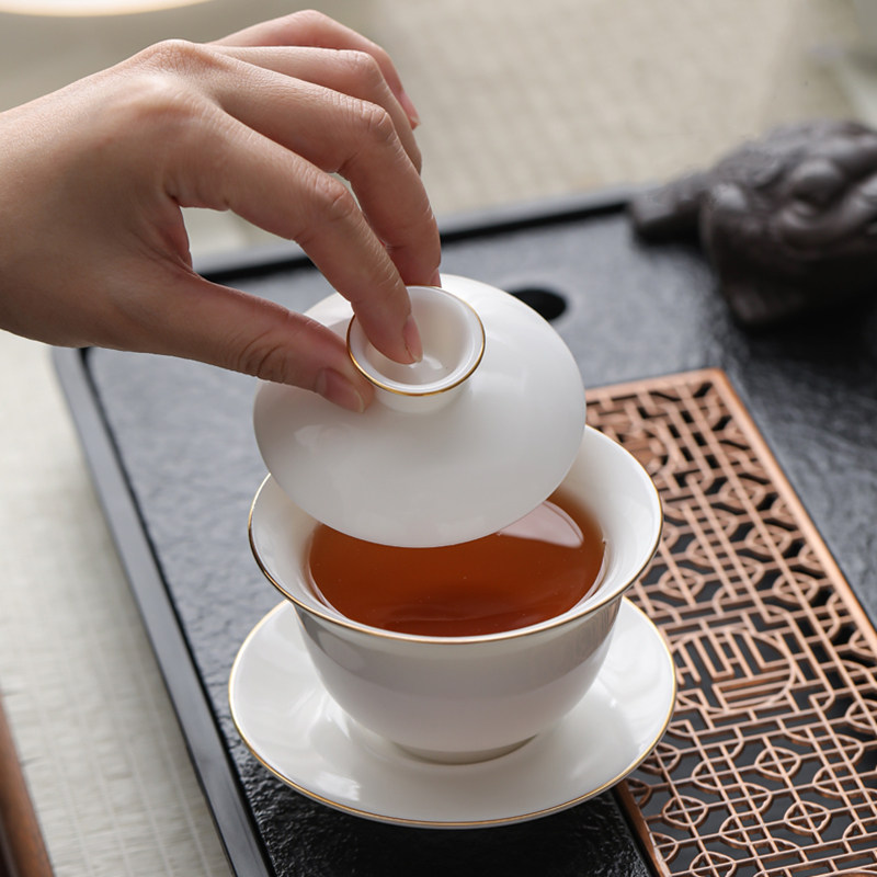 描金羊脂玉瓷茶具套装家用客厅轻奢高档白瓷侧把壶功夫茶具礼盒装