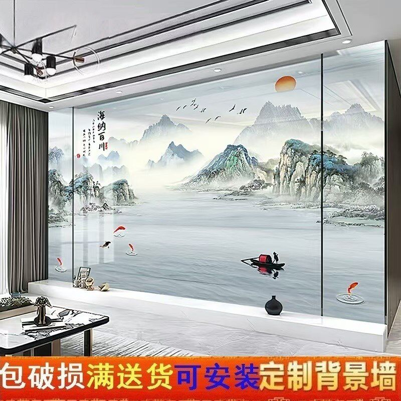 2025电视背景墙瓷砖岩板客厅护墙板新中式简约山水画影视墙微晶石
