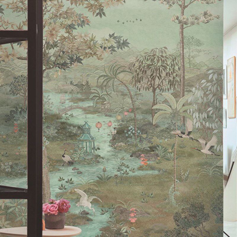 荷兰艾芬格进口风格定制壁布绿色风景树湖卧室客厅民宿背景墙定制