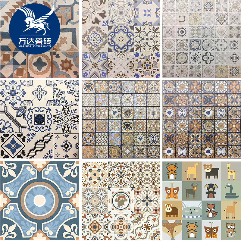 阳台瓷砖地中海仿古砖卫生间水泥砖600x600现代黑白复古厨房花砖