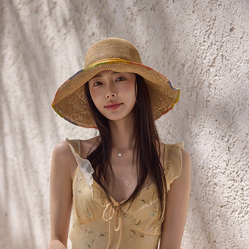 法式盆帽复古大沿草帽女夏出游海边防晒遮阳帽休闲渔夫草编沙滩帽