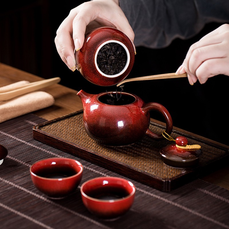 景德镇功夫茶具套装茶壶陶瓷结婚庆送礼红色敬茶家用办公室礼盒装