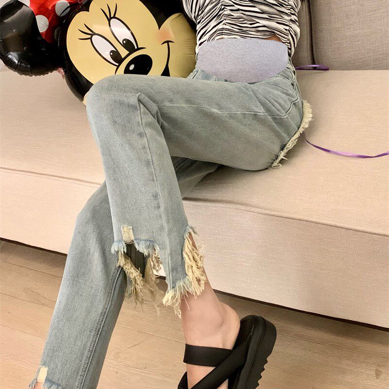 破洞毛边流苏直筒孕妇牛仔裤女夏季薄款宽松孕妇阔腿裤托腹九分裤