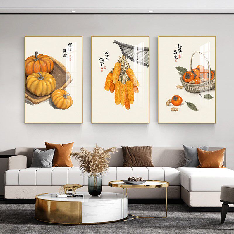 鸿运当头客厅装饰画沙发背景墙挂画新中式壁画现代简约墙画三联画