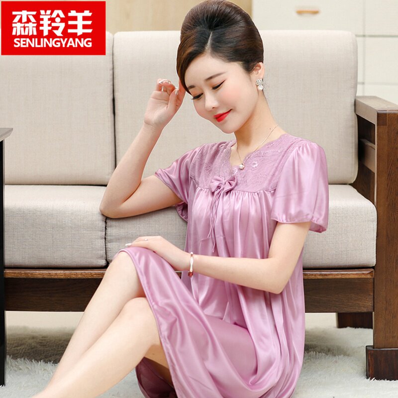 短袖睡衣女夏天睡裙薄款丝绸家居服中老年女款冰丝连衣中长款裙子
