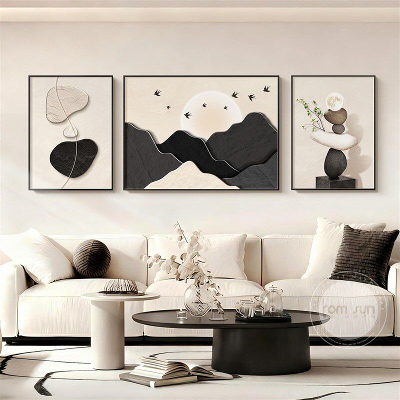 高级黑白灰客厅装饰画石来运转餐厅三联画现代抽象沙发背景墙挂画