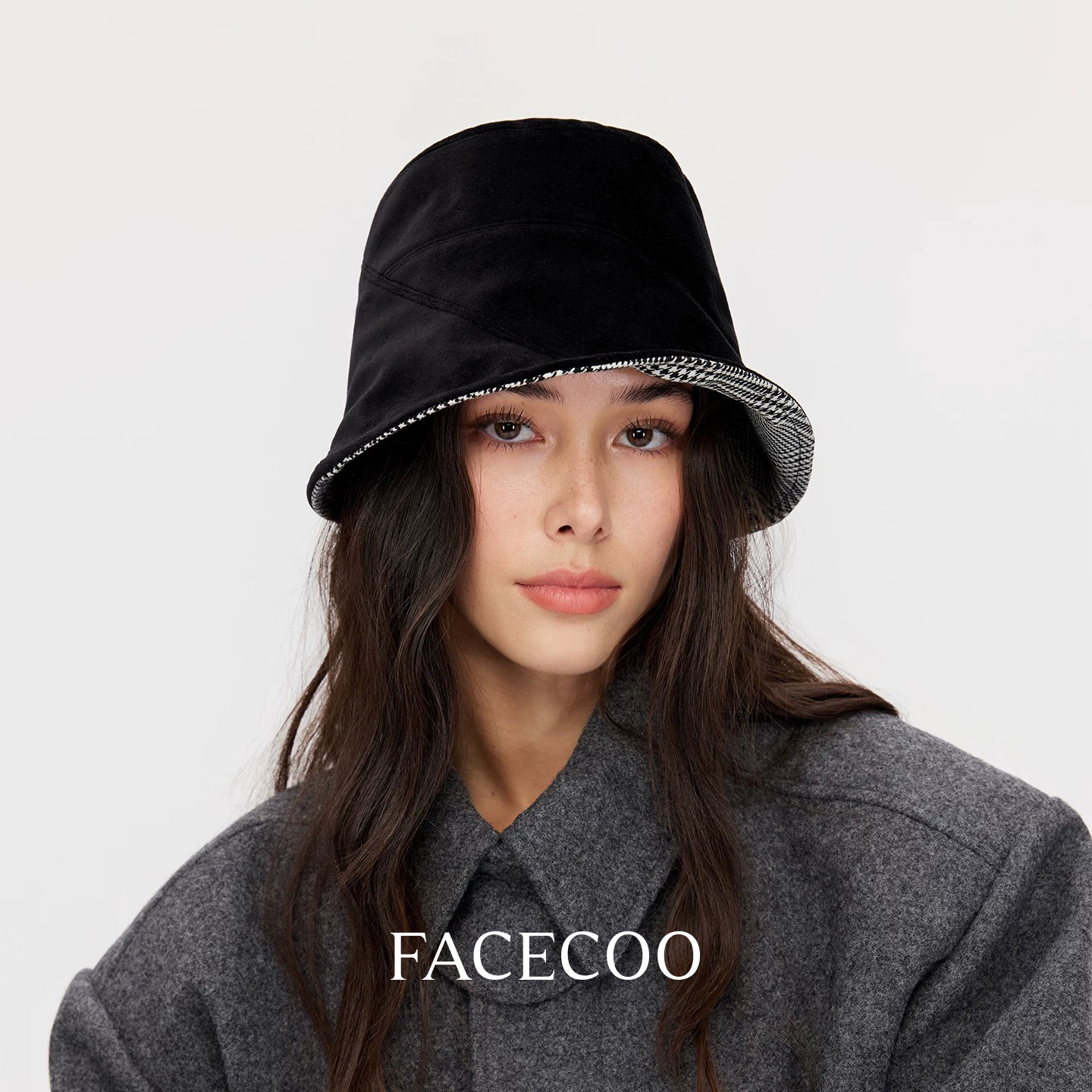 FACECOO复古时髦双面格纹盆帽简约百搭渔夫帽大帽檐显脸小帽子