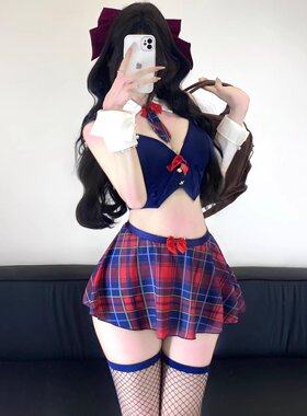 2026新款女学生制服睡裙趣味吊带低腰格子短裙纯欲风诱惑睡衣套装