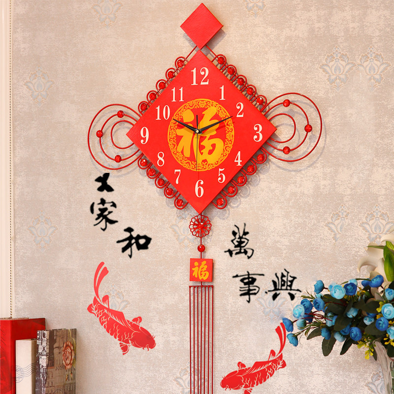 中国结新中式石英钟表挂钟客厅创意家用时尚时钟挂墙大气个性挂表