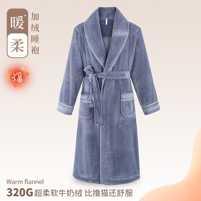 牛奶绒男士睡袍珊瑚绒2024秋冬季新款男式中长款家居服可外穿晨袍
