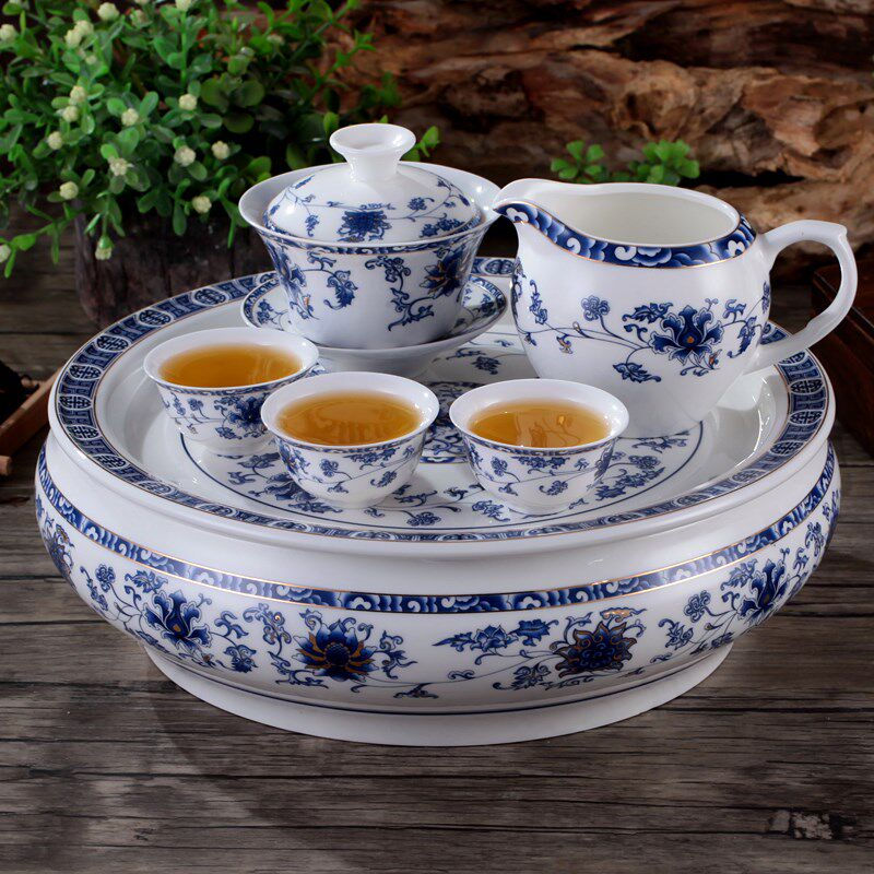 圆形茶盘茶洗套装特价包邮10-12英寸整套潮汕功夫茶具青花陶瓷