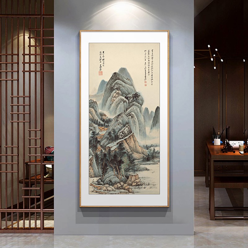 迎客松玄关装饰画新中式入户走廊过道挂画竖版茶室壁画山水画国画