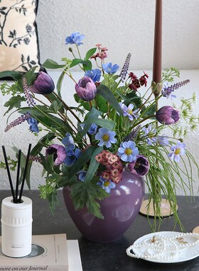 高级法式花束自然风紫色假花仿真花装饰花卉仿生摆件郁金香手捧花