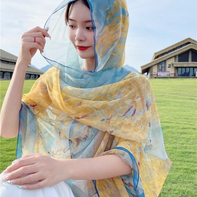 夏季优柔纱丝巾女春秋围巾超大防晒披肩纱巾旅游薄款披风沙滩巾