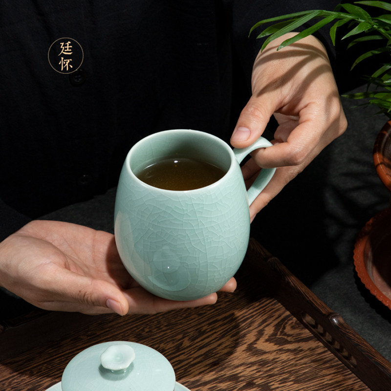李廷怀汝瓷汝窑办公杯茶水分离办公室泡茶杯陶瓷大水杯茶漏带盖