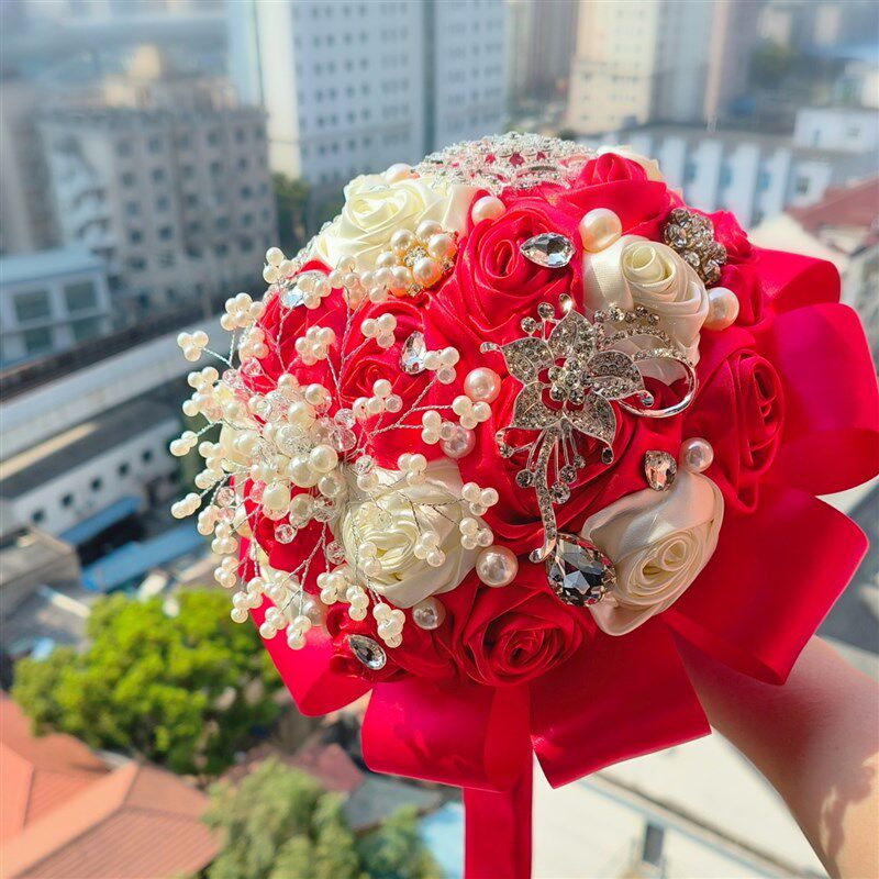 芳华新娘手捧花高级感珍珠水钻结婚婚礼礼物diy材料包成品红色