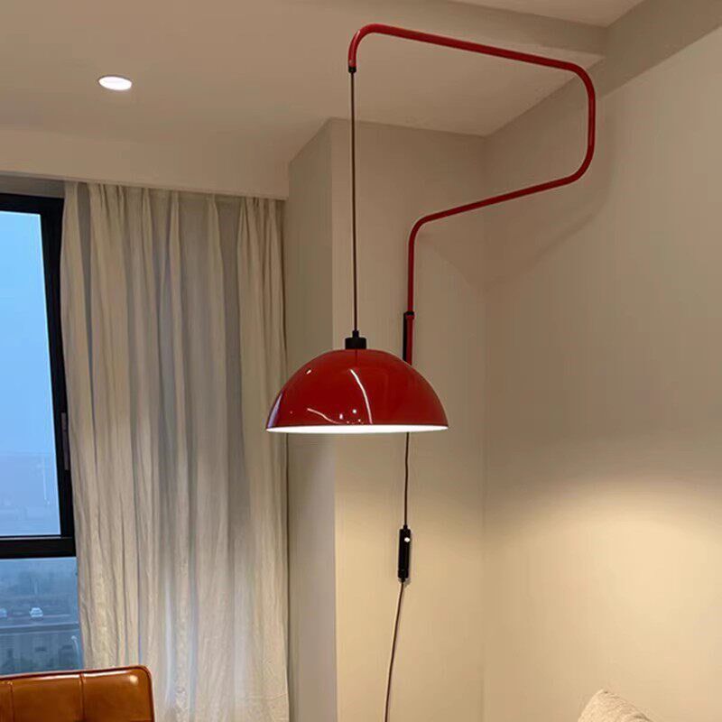 北欧摇臂壁灯卧室红色设计感慵懒风餐厅免接线折叠可伸缩壁挂灯具