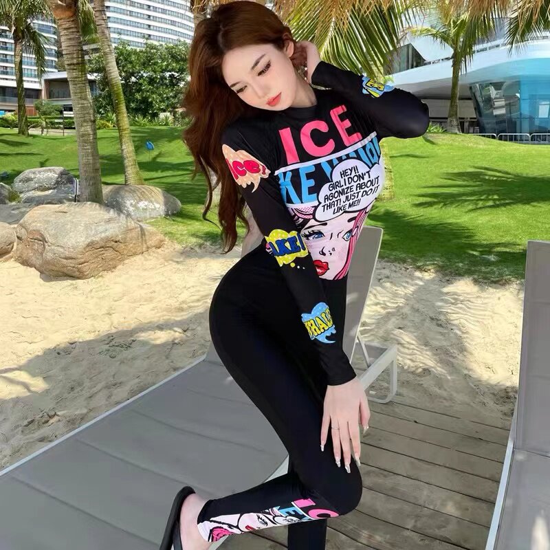 韩国潜水服女连体显瘦长袖冲浪服卡通浮潜湿衣学生温泉防晒游泳衣