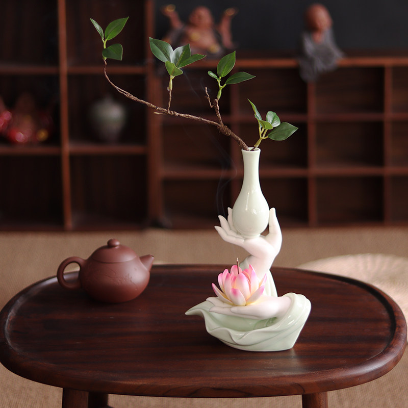 陶瓷佛手莲花创意仿真花器花瓶新中式摆件水培绿植花插玄关装饰品