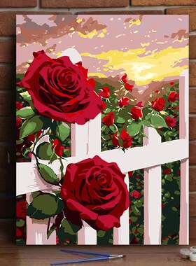 柒彩 diy数字油画风景花卉丙烯手工填色客厅装饰画 浪漫玫瑰