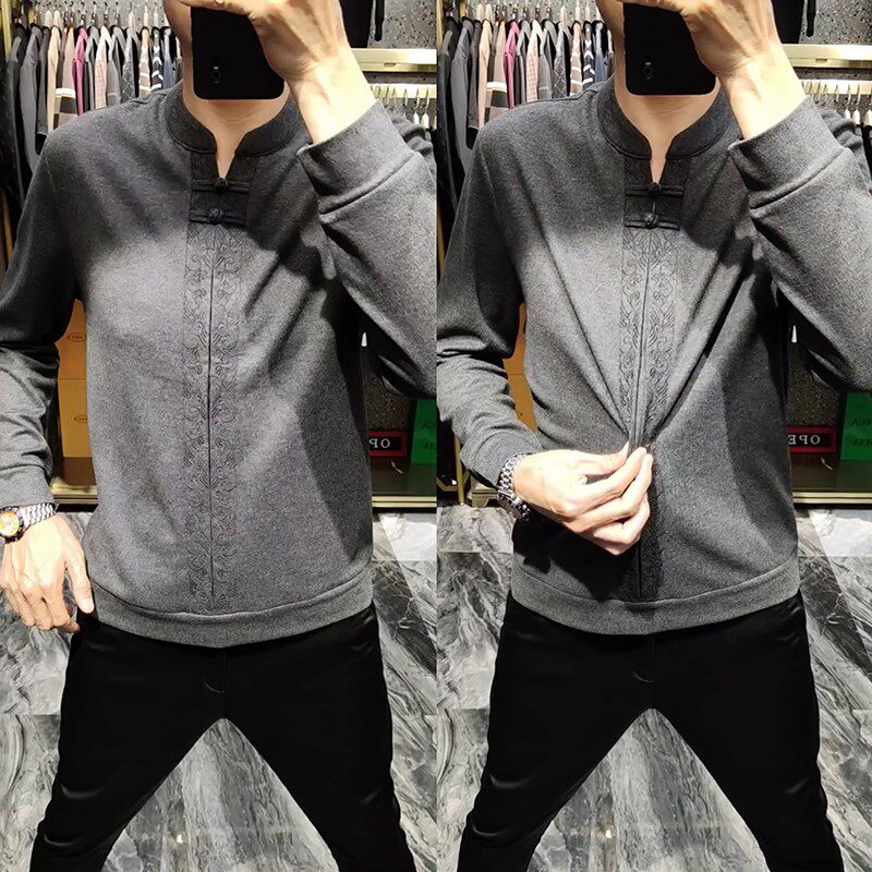 2328春季男士针织唐装中国风男装春款国潮打底衫上衣中式长袖小衫