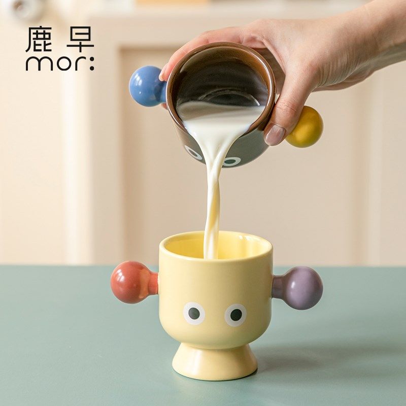 鹿早创意撞色大眼睛牛奶杯早餐杯陶瓷马克杯水杯咖啡牛奶杯儿童杯