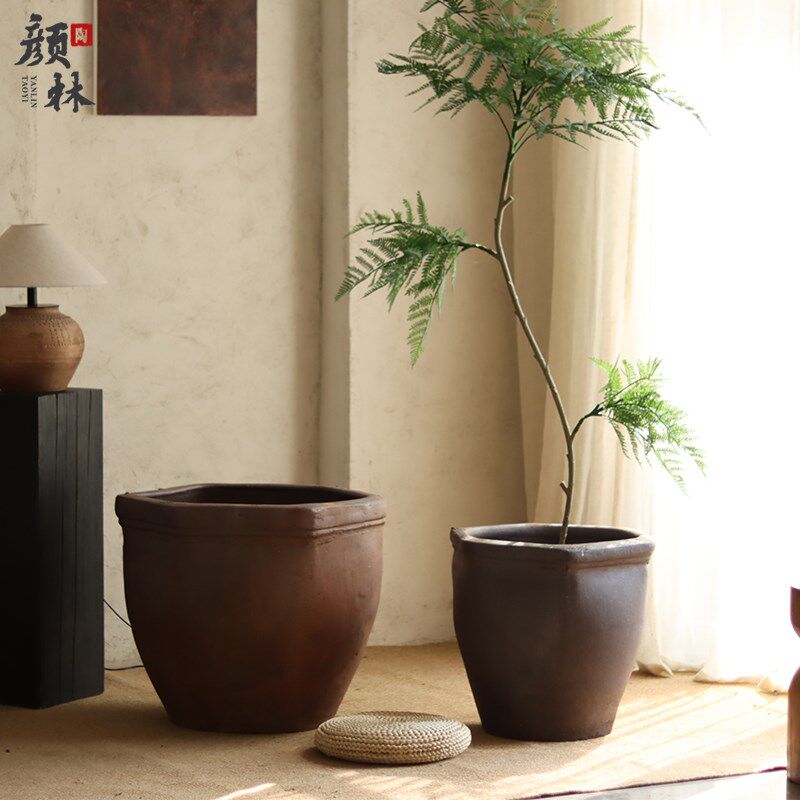 方口六边形花盆复古粗陶大陶盆花园景观庭院绿植盆田园种树大盆
