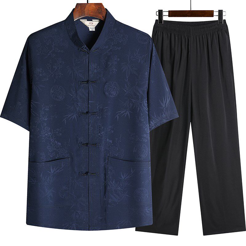 中老年唐装男夏季短袖套装中国风立领爸爸装中式衣服老人上衣爷爷
