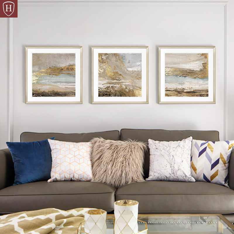 美式风格客厅三联画沙发背景墙装饰画轻奢书房抽象壁画大气玄关画