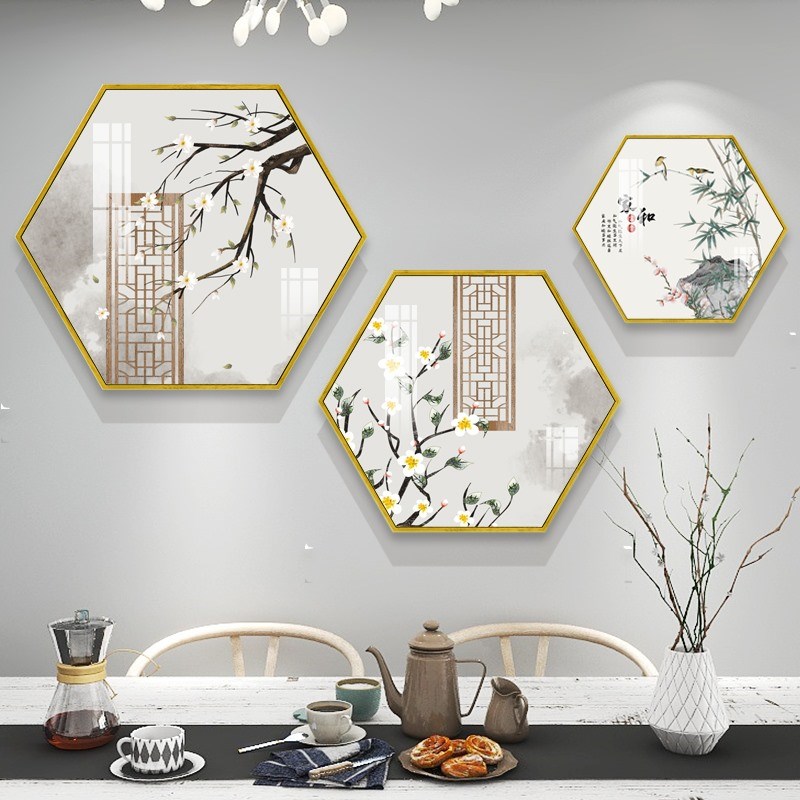 高档新中式餐厅背景墙装饰画客厅六边形挂画饭厅三联组合花鸟壁画