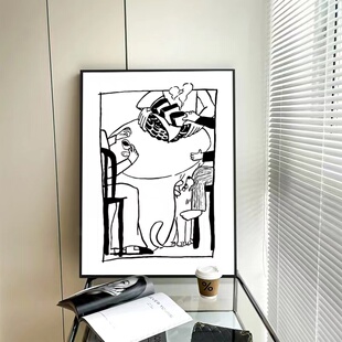 韩国艺术家我 饰画治愈系挂画 爱人和狗狗黑白壁画浪漫温馨情侣装