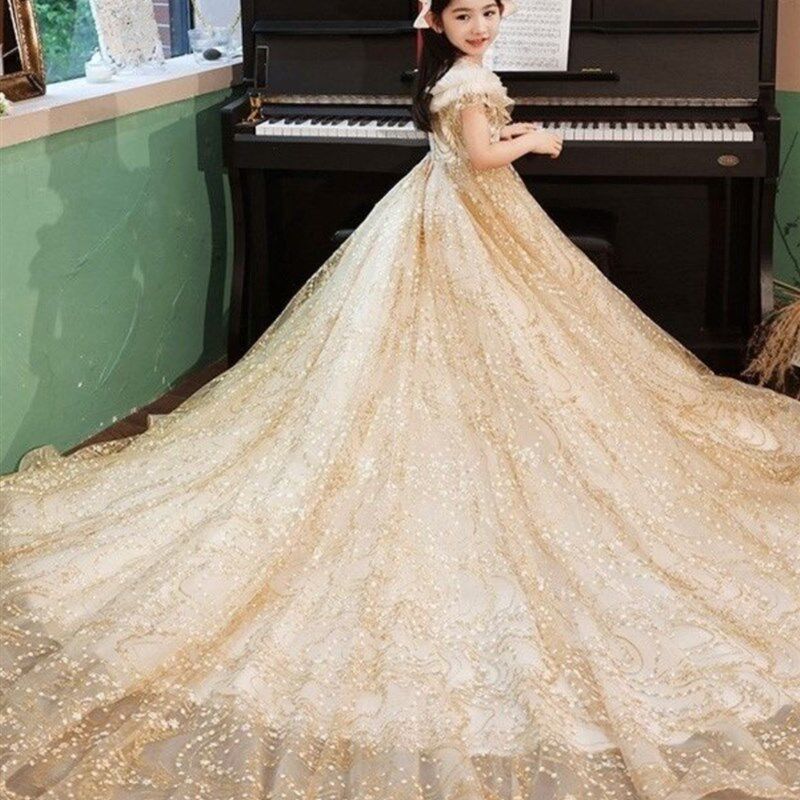 女童礼服拖地长裙高端女童感拖尾儿童小主持人金色钢琴礼服公主裙