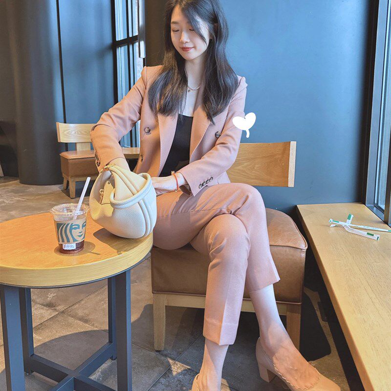 春秋新款干枯玫瑰色职业西装两件套装高级感女装西服九分裤小个子