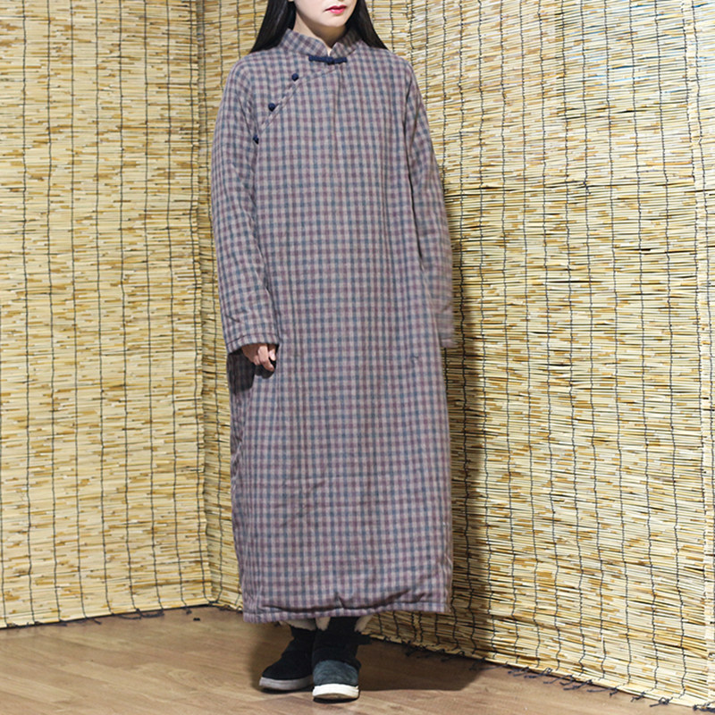 【岁月悠香】蓝咖色织格子夹棉袍长棉衣冬裙复古中式宽松旗袍茶服