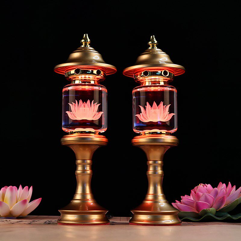 led水晶七彩变光神社灯佛家莲花灯佛前佛供灯观音家用插电长明灯