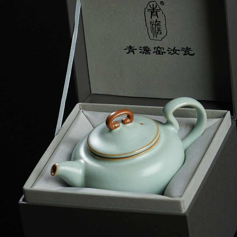 手工汝窑茶壶茶具单壶开片可养景德镇原矿陶瓷汝瓷冰裂青瓷礼盒装