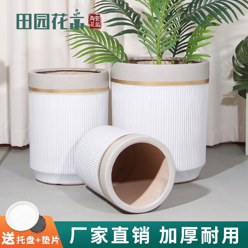 欧式白色陶瓷大花盆口径三十以上高档轻奢家用客厅种树绿植大花瓶