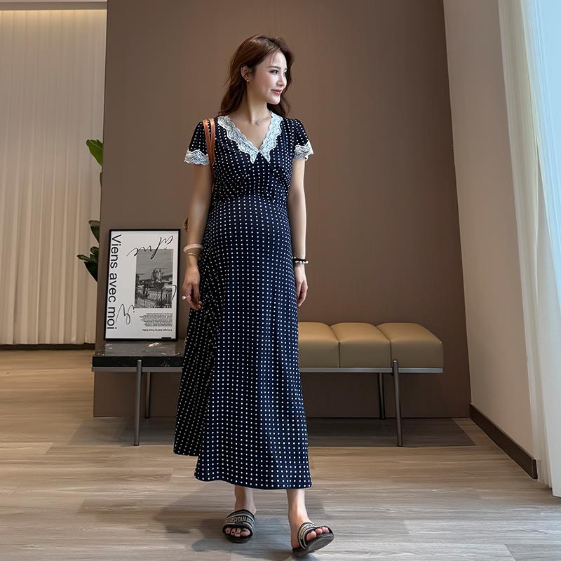 UMI孕妇装夏季新款纯欲蕾丝V领高级感花边短袖波点茶歇度假连衣裙