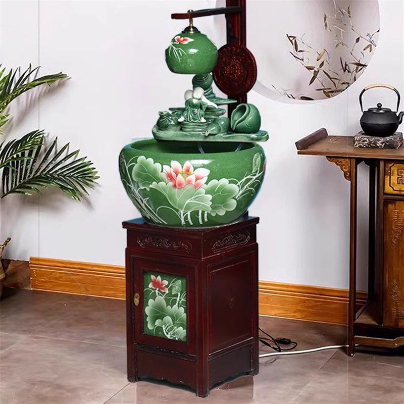 新款景德镇观赏风水牡丹鱼缸带柜子陶瓷造景客厅办公招财家用喷水