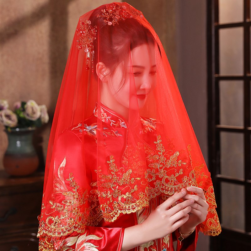 红盖头新娘结婚复古高档中式秀禾婚纱头纱高级感红色蕾丝婚礼头纱