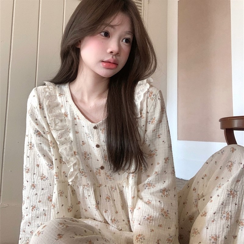 韩系甜美碎花婴儿棉纱睡衣女春秋季公主风蕾丝V领棉麻家居服套装