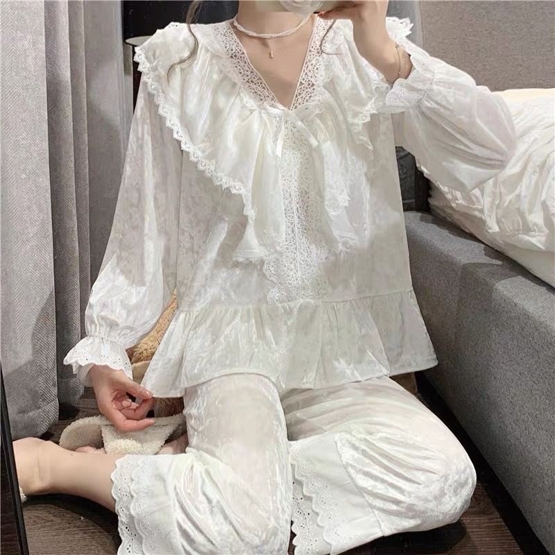 法式宫廷风睡衣女秋冬新款韩版金丝绒蕾丝花边甜美公主家居服套装