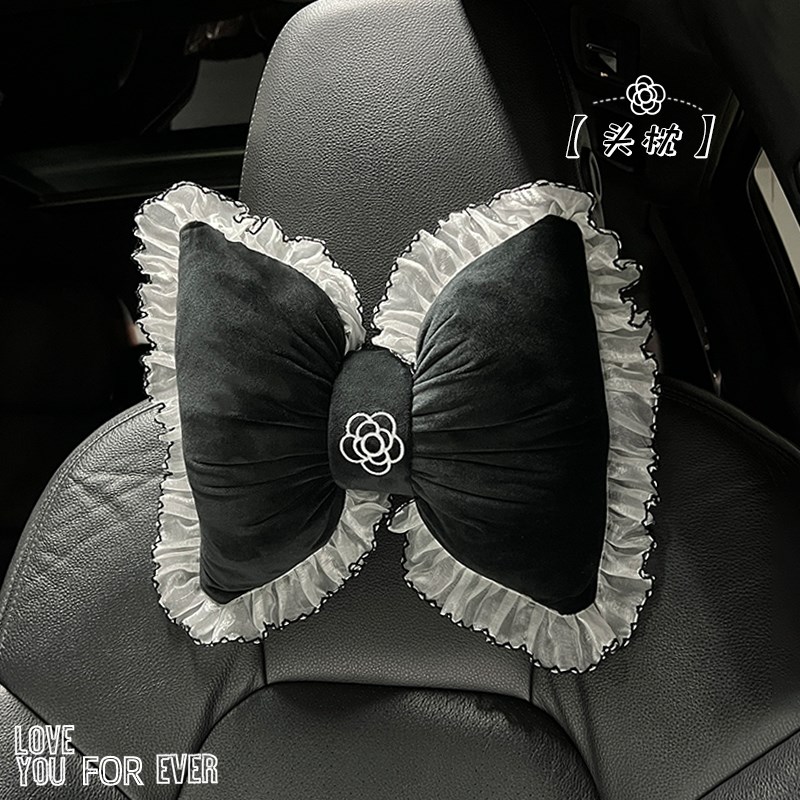 蕾丝边汽车头枕车用女座椅护颈枕可爱蝴蝶结靠枕车载枕头腰靠一对