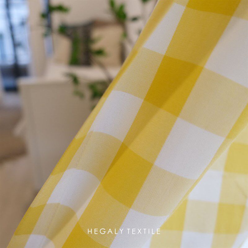 HEGALY  窗帘黄色方格透光夏天北欧ins韩式含棉布料成品