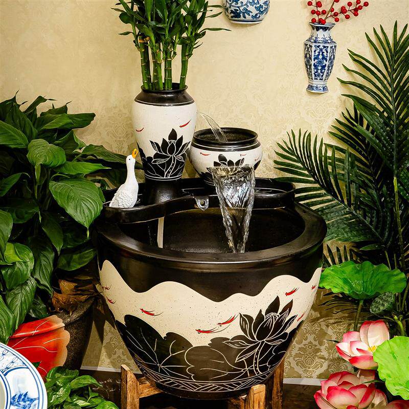 中式荷花流水摆件客厅装饰品陶瓷水缸家居风水摆件一站购齐